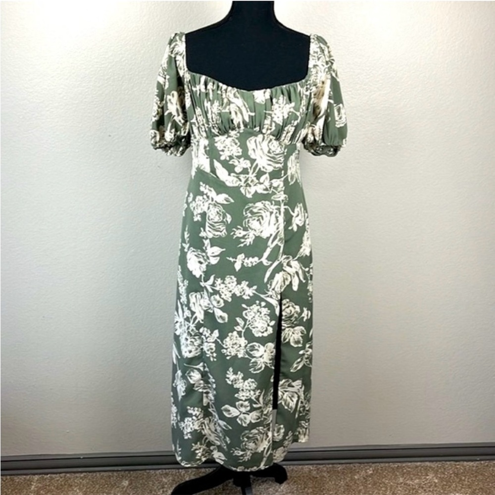 Abercrombie & Fitch Puff Sleeve Midi Dress Green Floral Short Sleeves Size MP